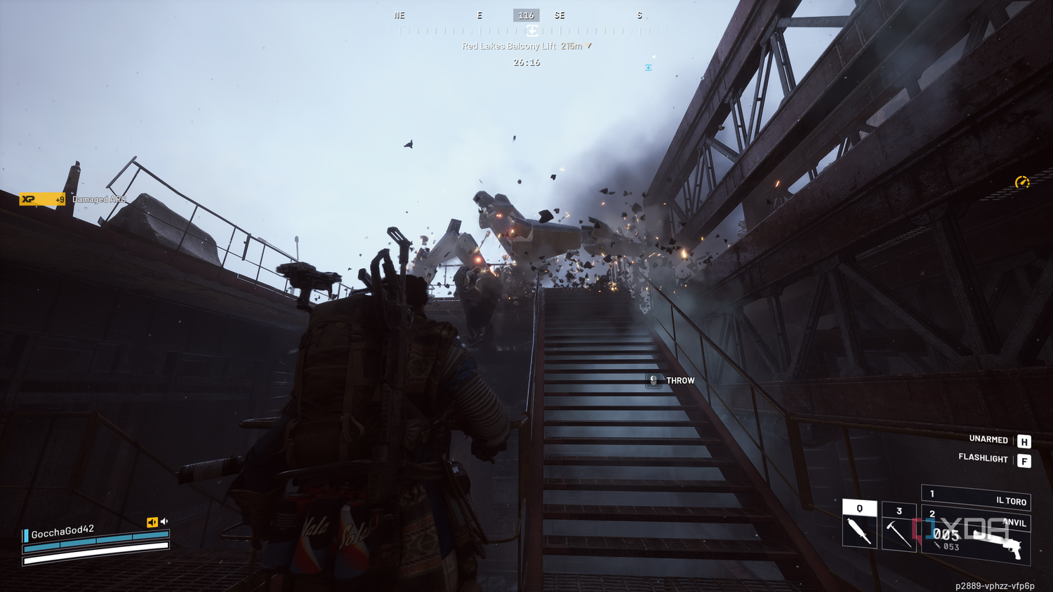 A Leaper attempting to enter a stairway shaft in Arc Raiders.