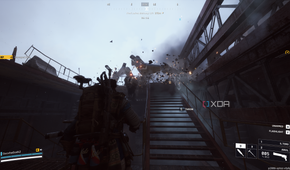 A Leaper attempting to enter a stairway shaft in Arc Raiders.