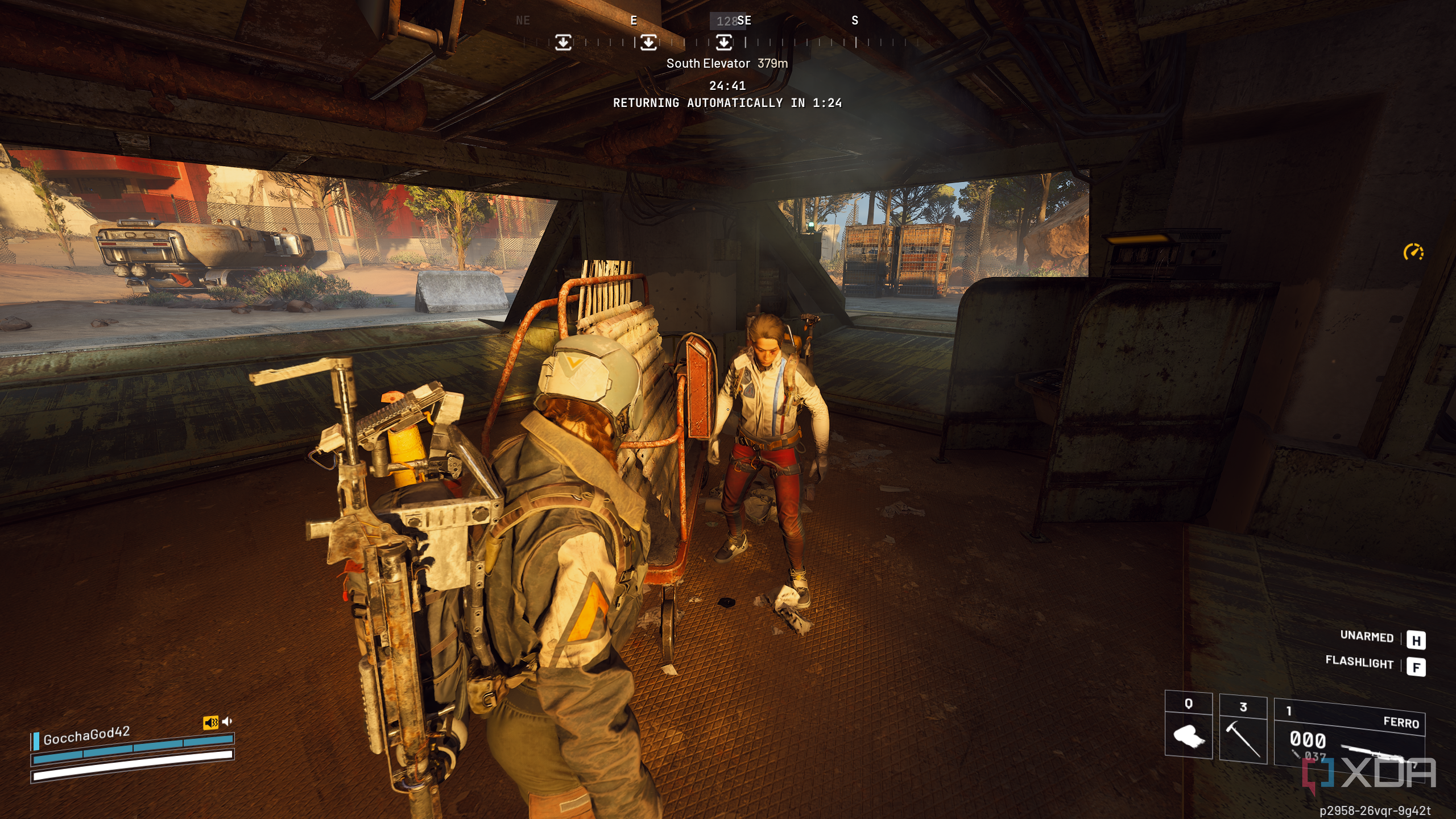 Extracting through an elevator with a stranger in Spaceport in Arc Raiders.