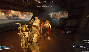 Extracting through an elevator with a stranger in Spaceport in Arc Raiders.