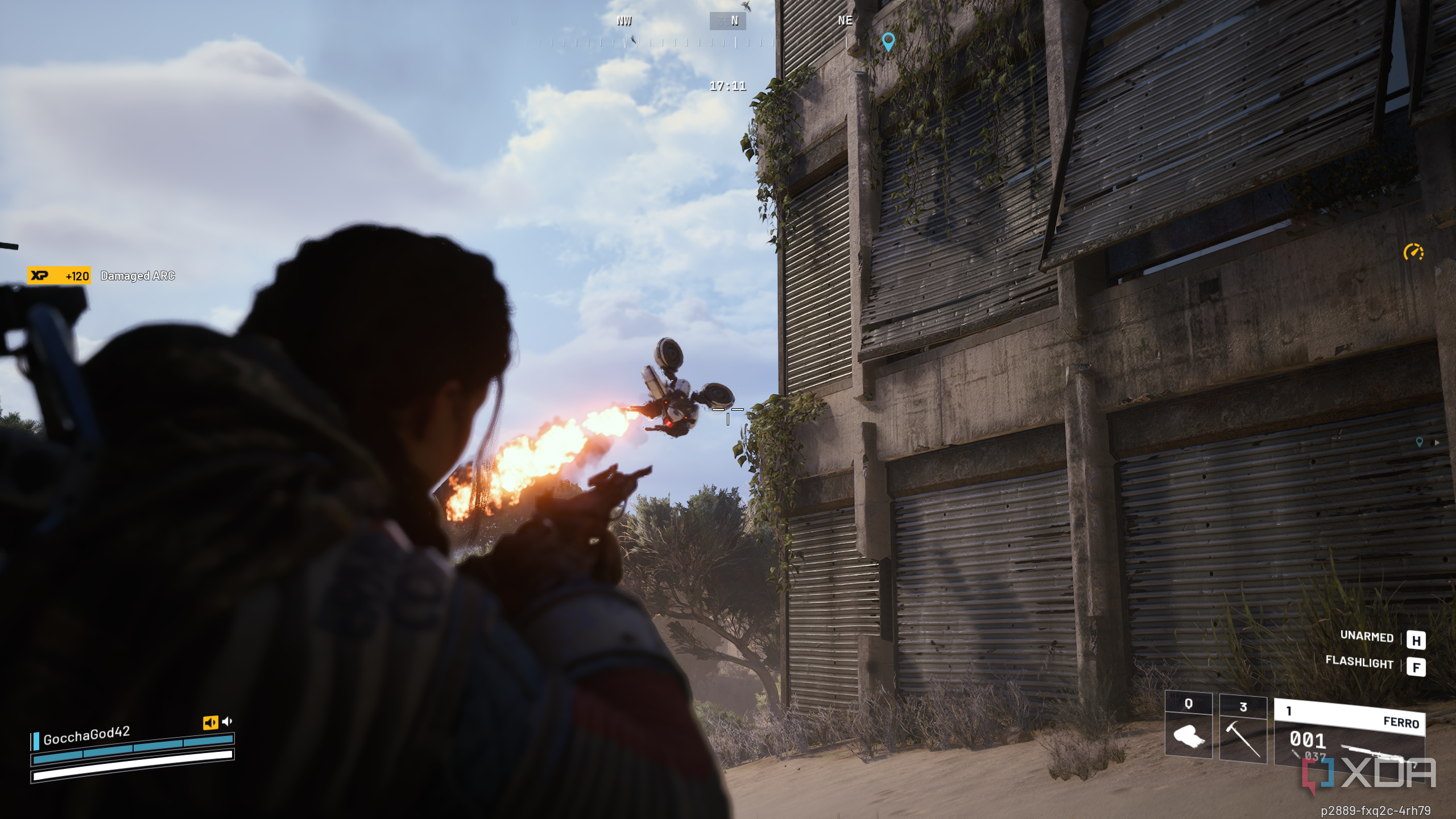 A drone on fire trying hard to stay afloat in Arc Raiders.