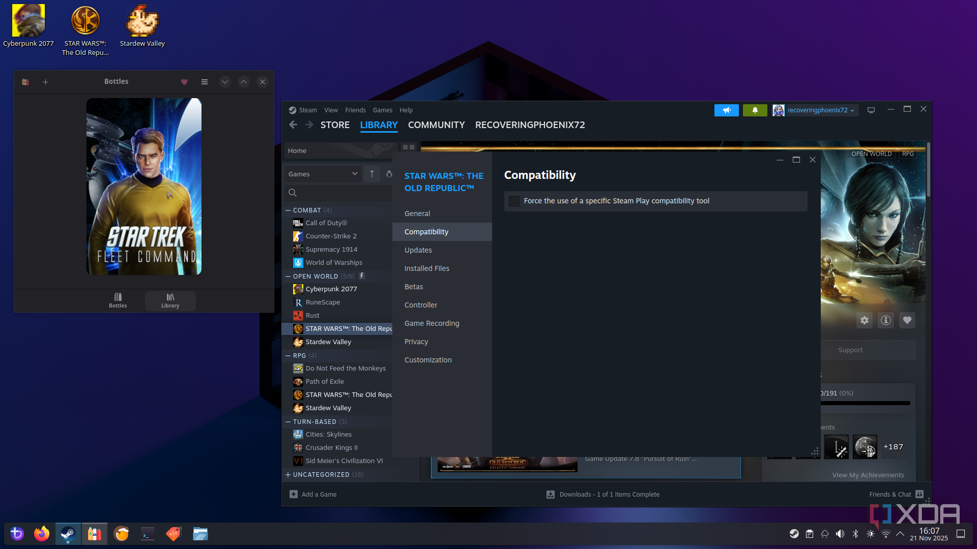Bazzite desktop showing Steam and game icons