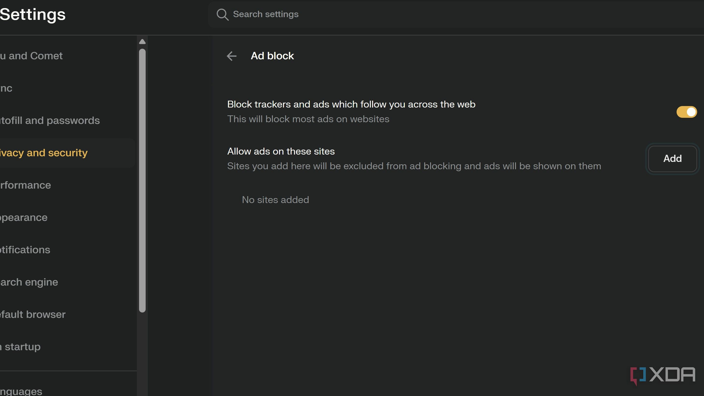 Comet ad-blocker settings