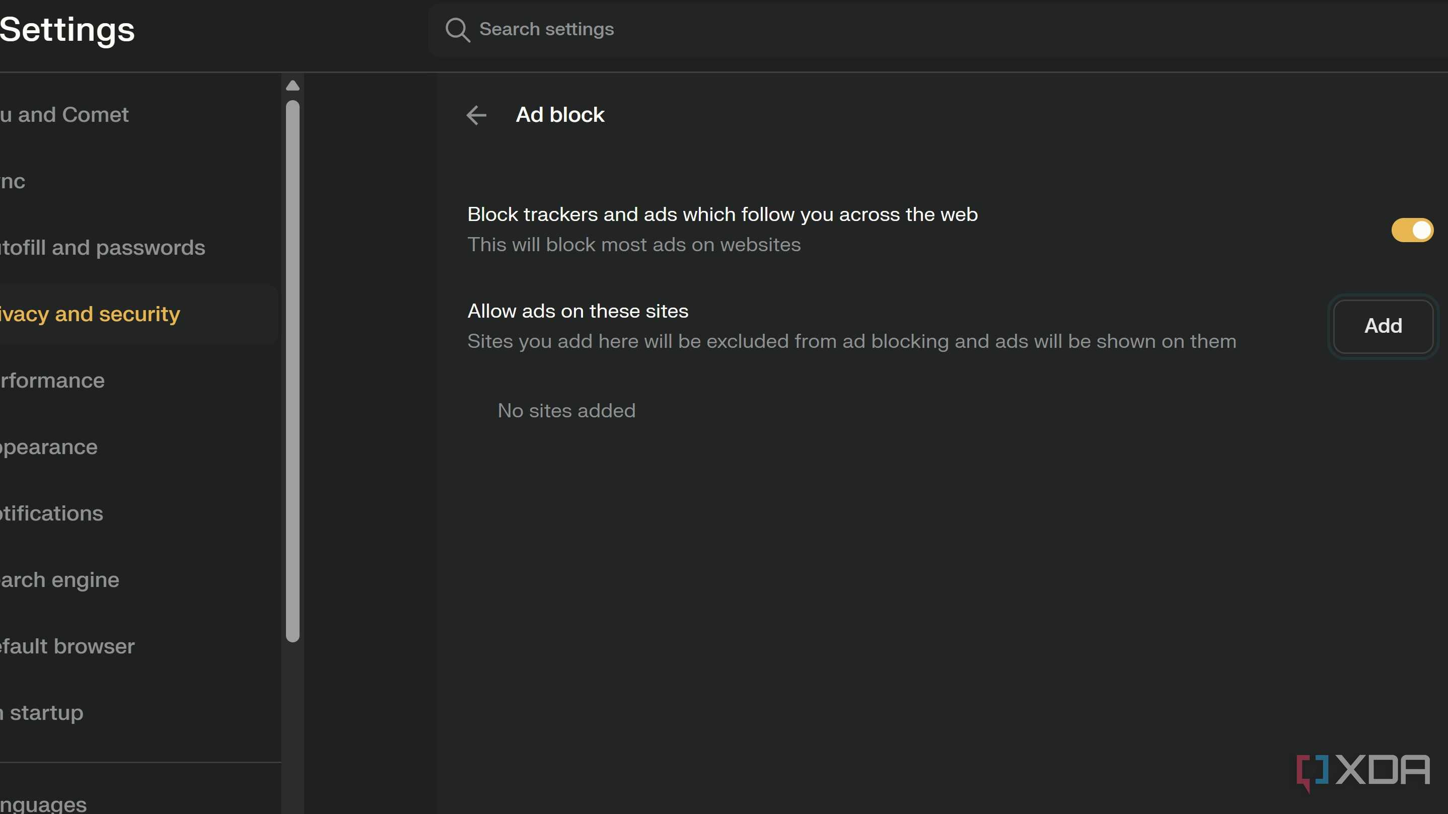 Comet ad-blocker settings