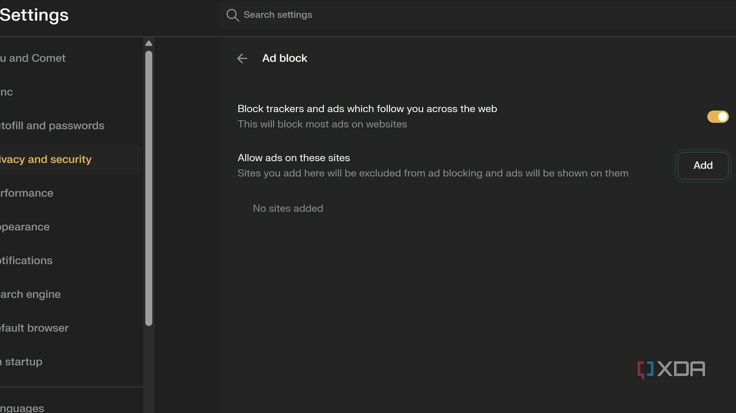 Comet ad-blocker settings