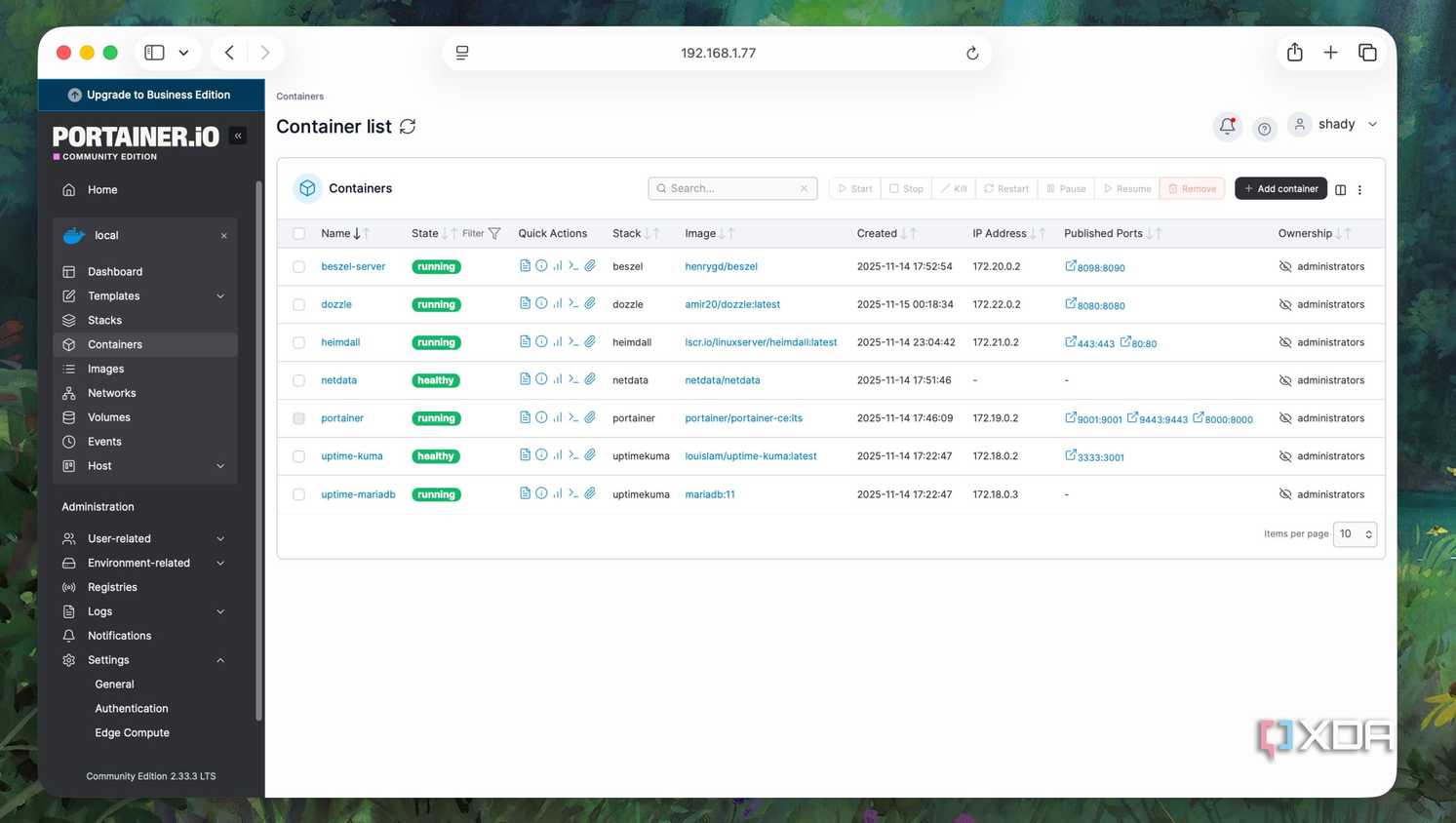 Containers list in Portainer