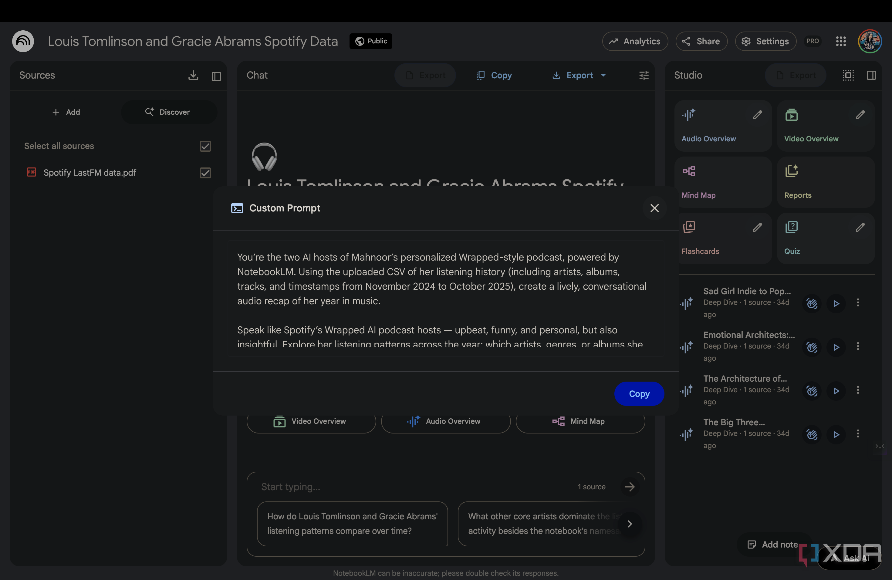 Custom Prompt displayed in NotebookLM