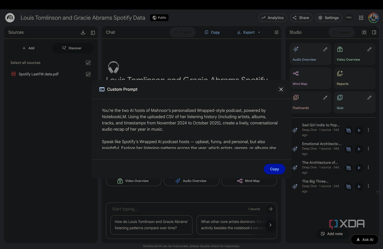Custom Prompt displayed in NotebookLM