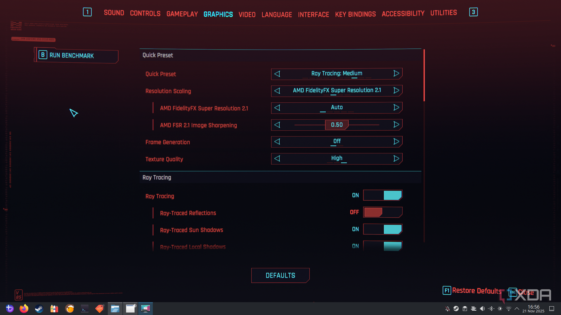 Cyberpunk 2077 graphics settings on Bazzite