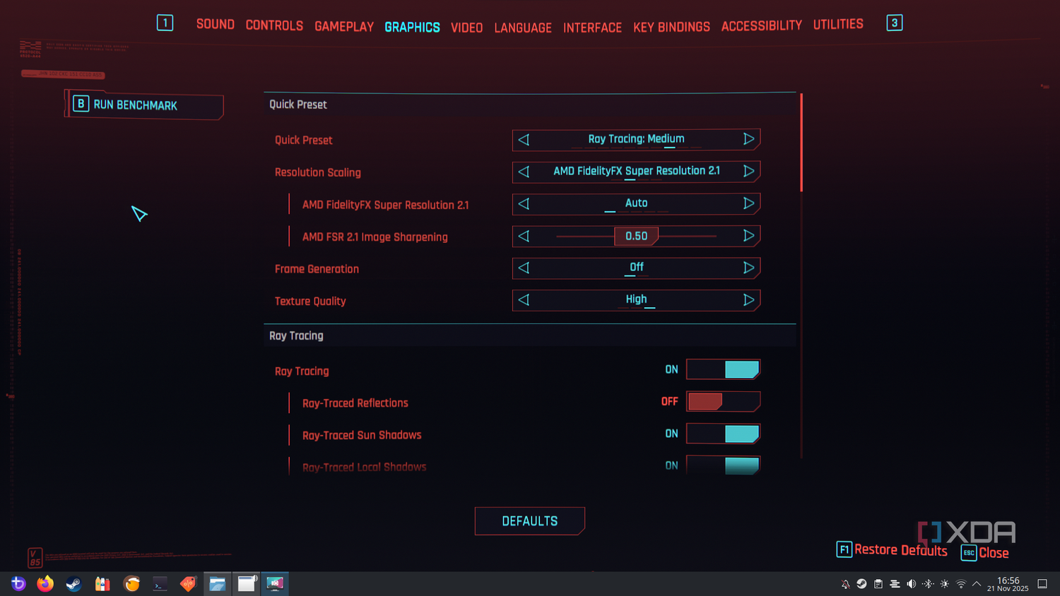 Cyberpunk 2077 graphics settings on Bazzite