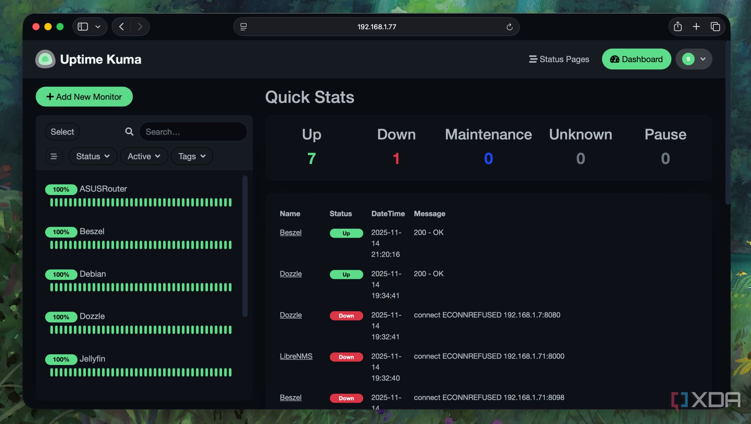 Dashboard of Uptime Kuma with services, containers, and VMs