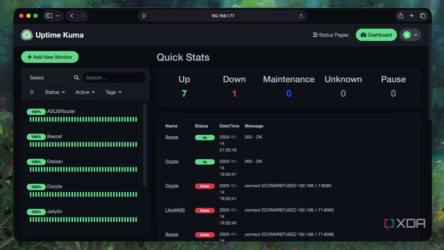 Dashboard of Uptime Kuma with services, containers, and VMs