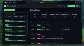 Dashboard of Uptime Kuma with services, containers, and VMs