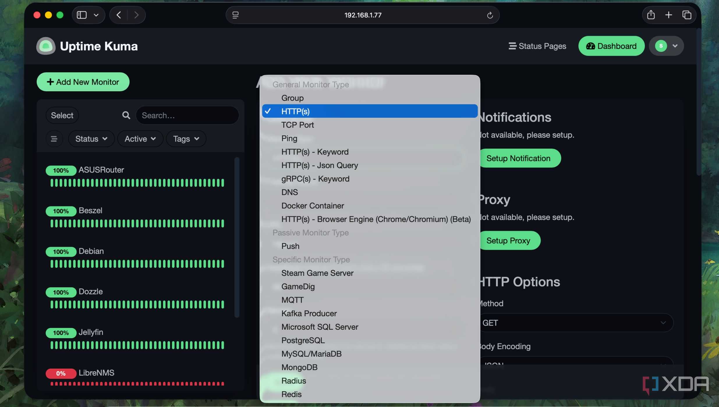 Different monitoring protocol options in Uptime Kuma