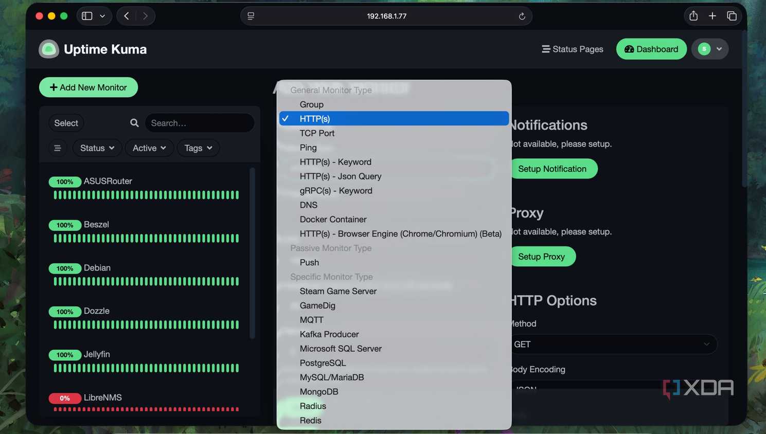 Different monitoring protocol options in Uptime Kuma