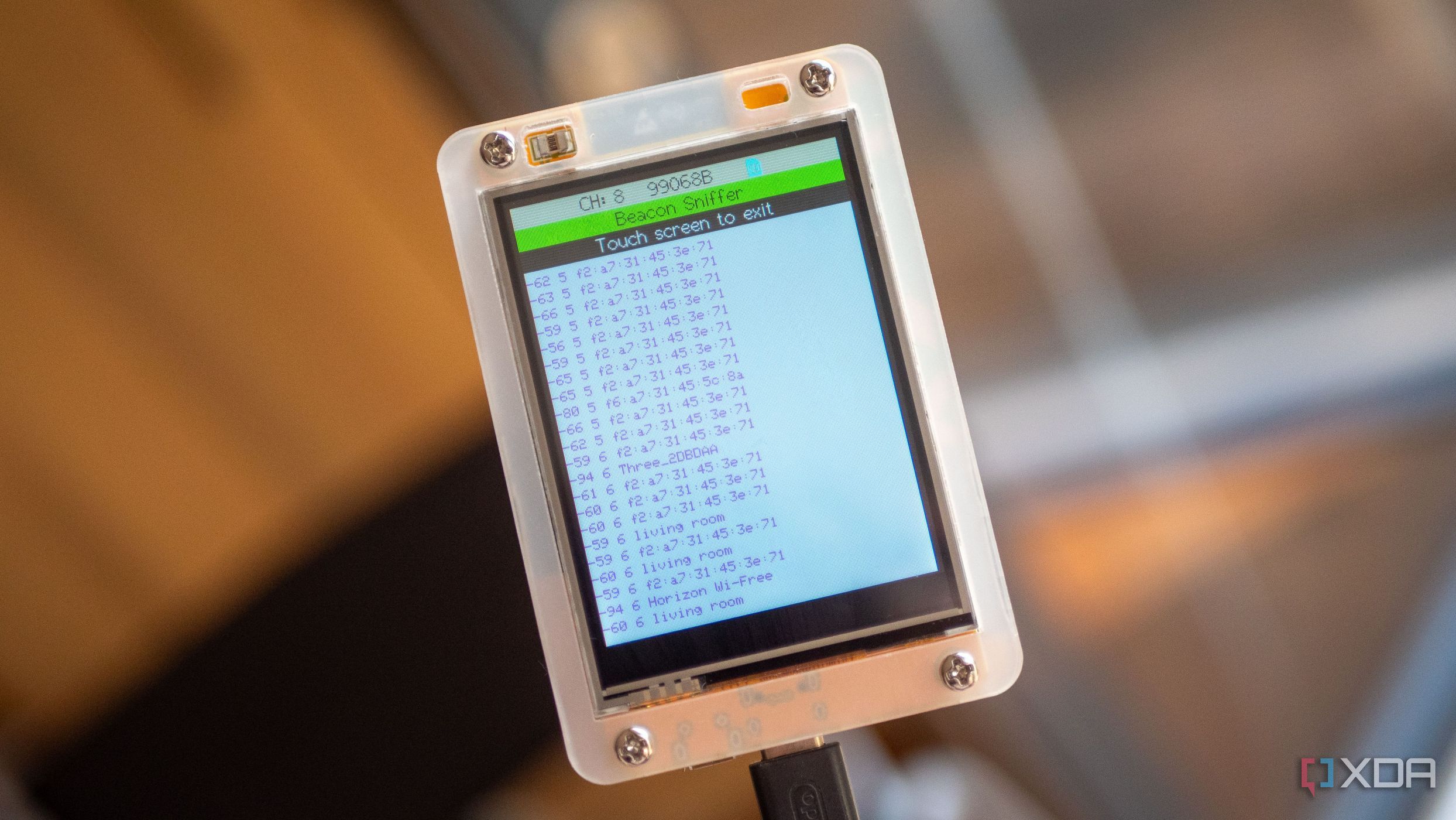 ESP32 Cheap Yellow Display running Marauder firmware showing Wi-Fi scan results