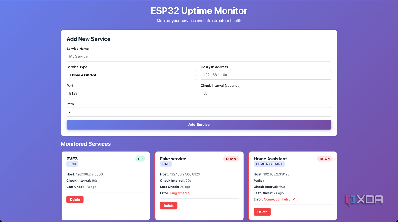ESP32 Uptime Monitor showing that the Home Help service is not running