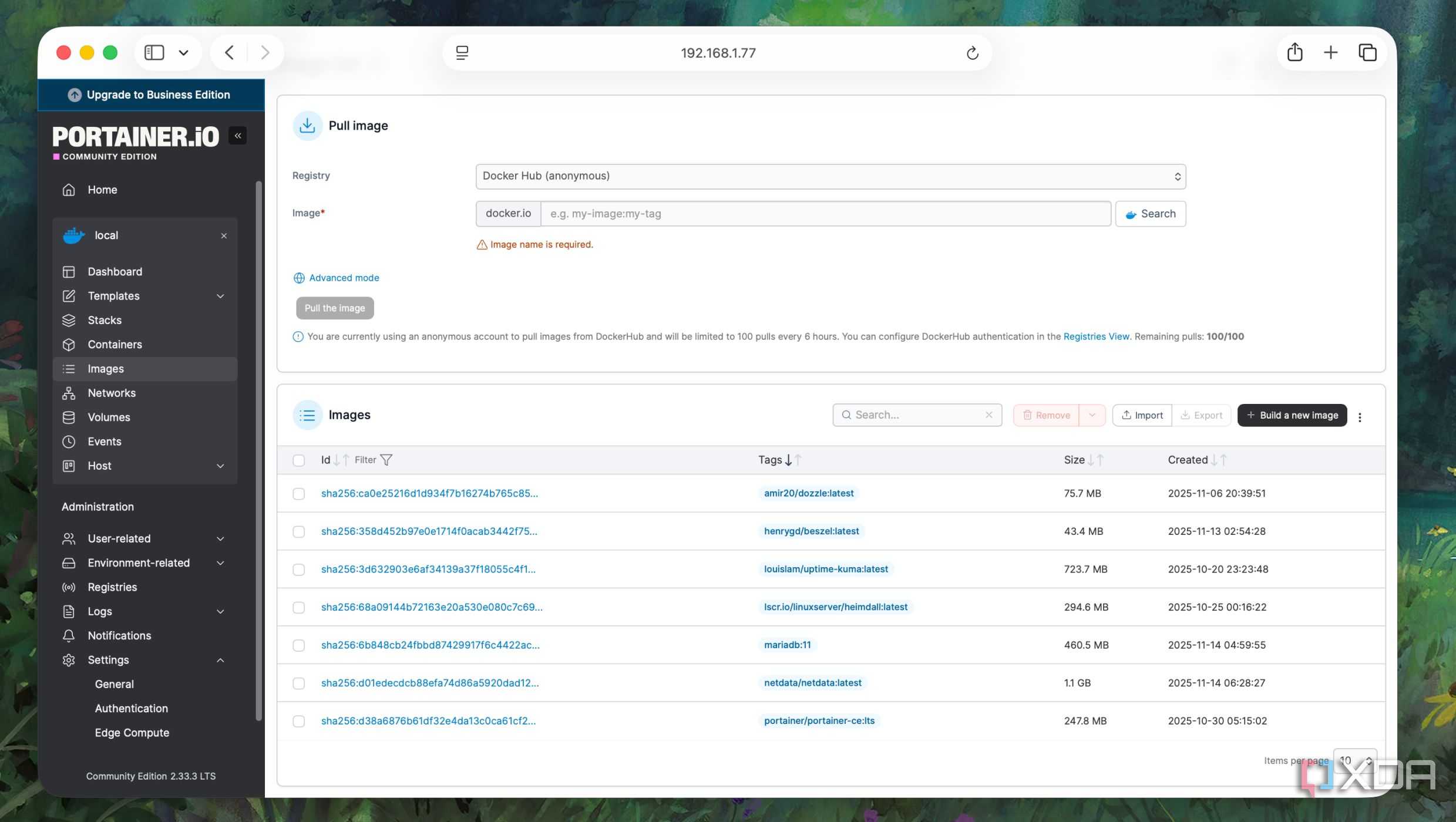 Images list in Portainer