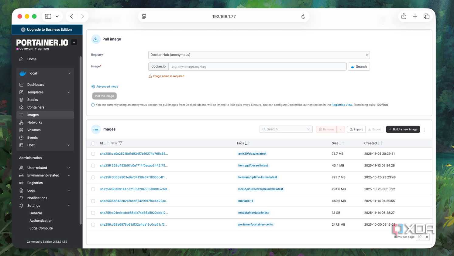 Images list in Portainer