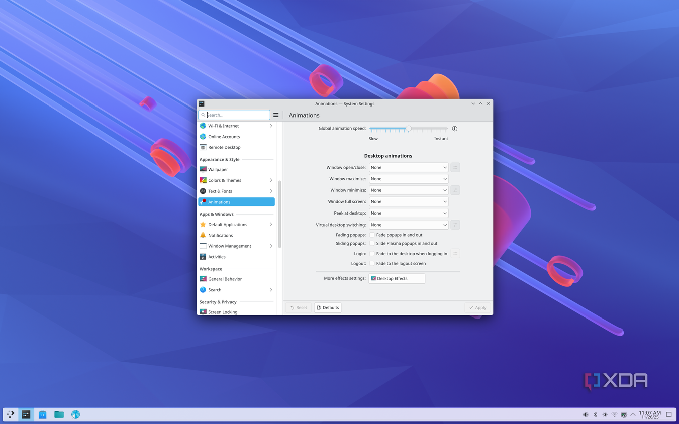 Screenshot of the Animations page in the System Settings app in KDE Plasma