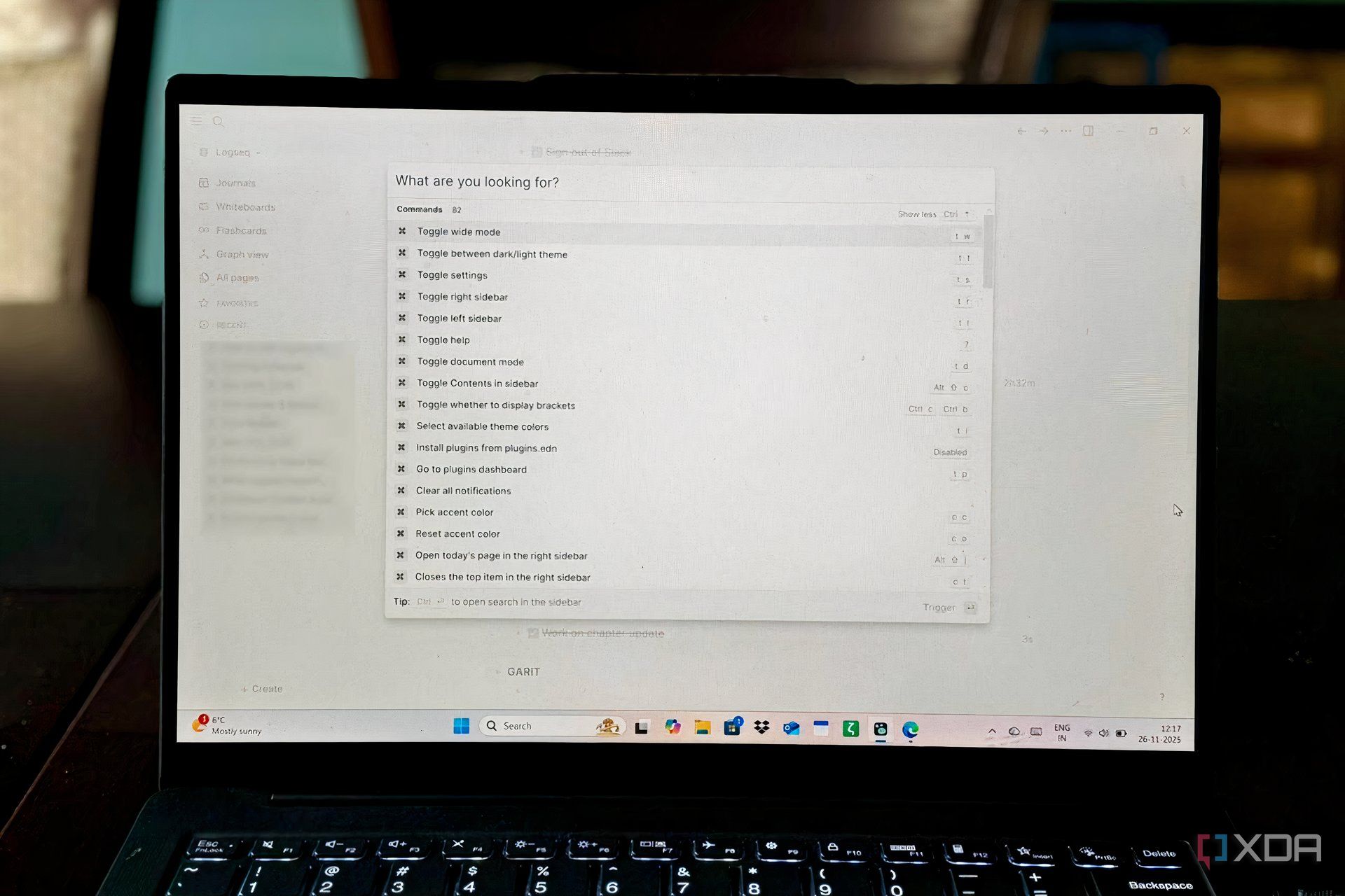 Photograph of Logseq commands open on laptop screen