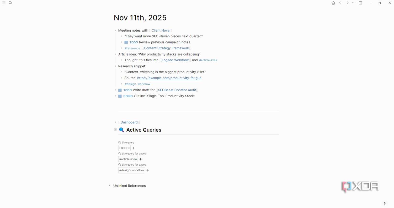 Captura de pantalla de muestra de nota diaria en Logseq