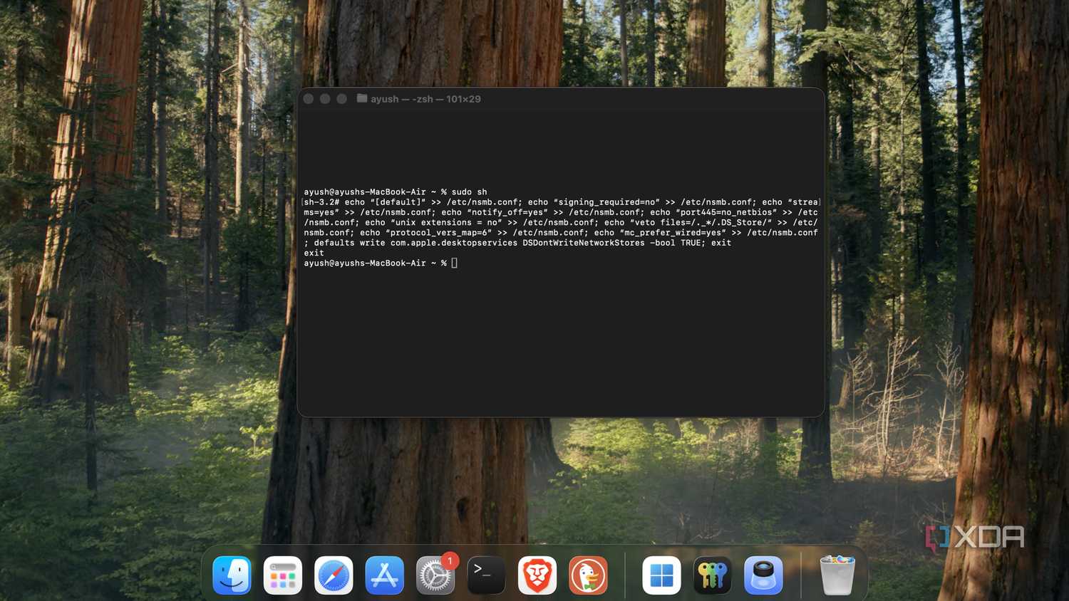 Running the command to disable (and enable) certain SMB services on macOS