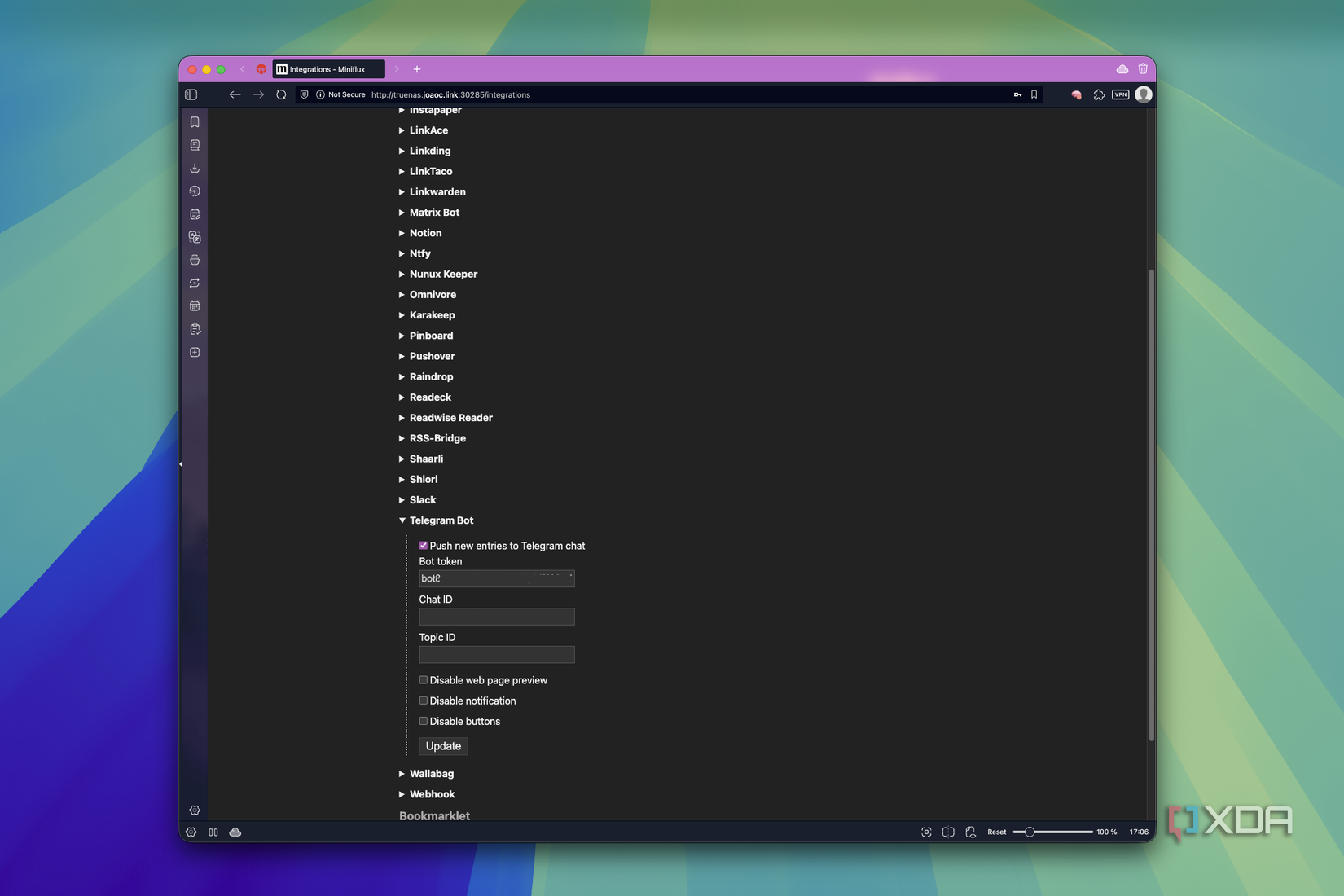 Captura de pantalla de la página de integraciones en Miniflux
