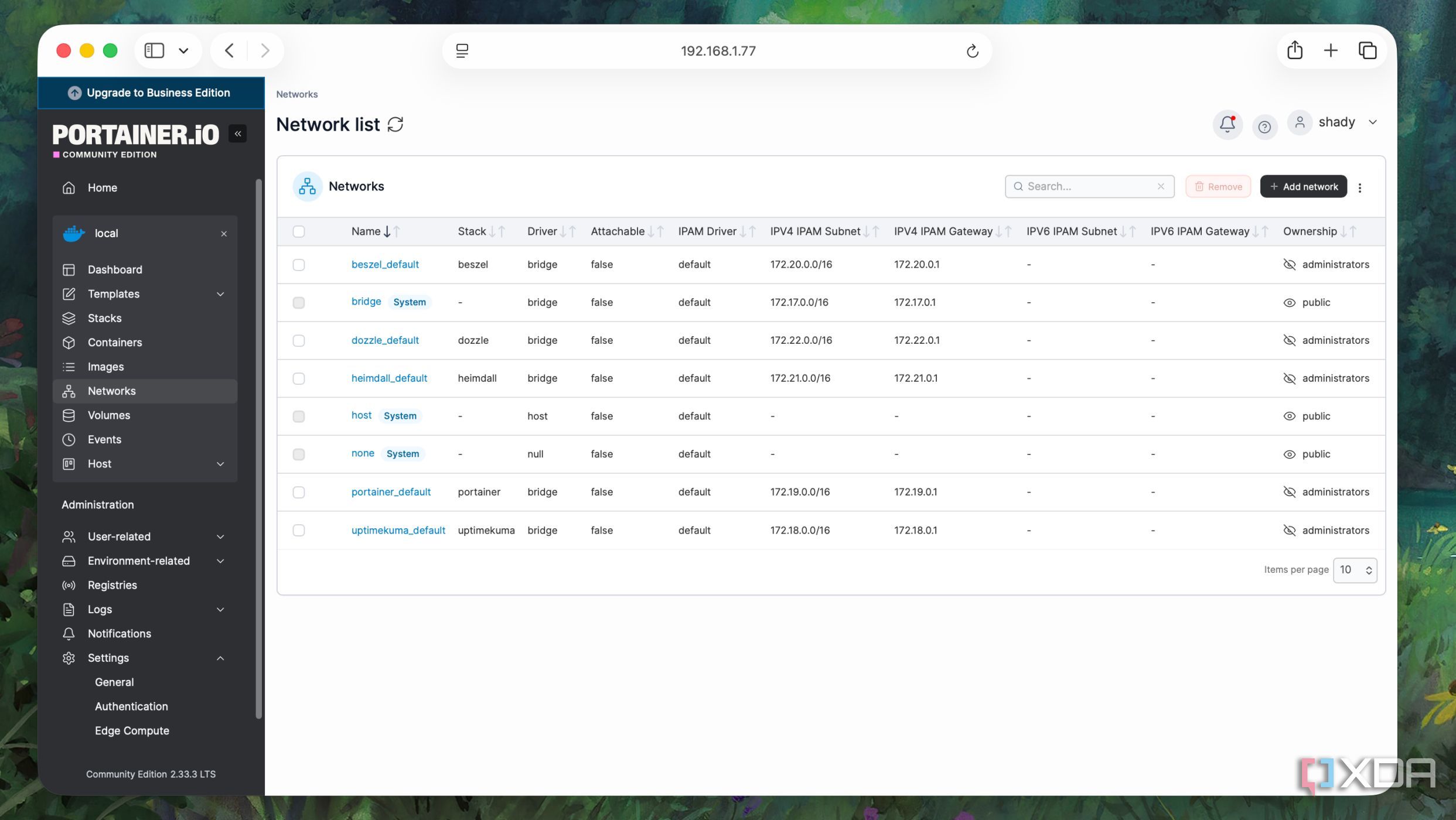 Networks list in Portainer