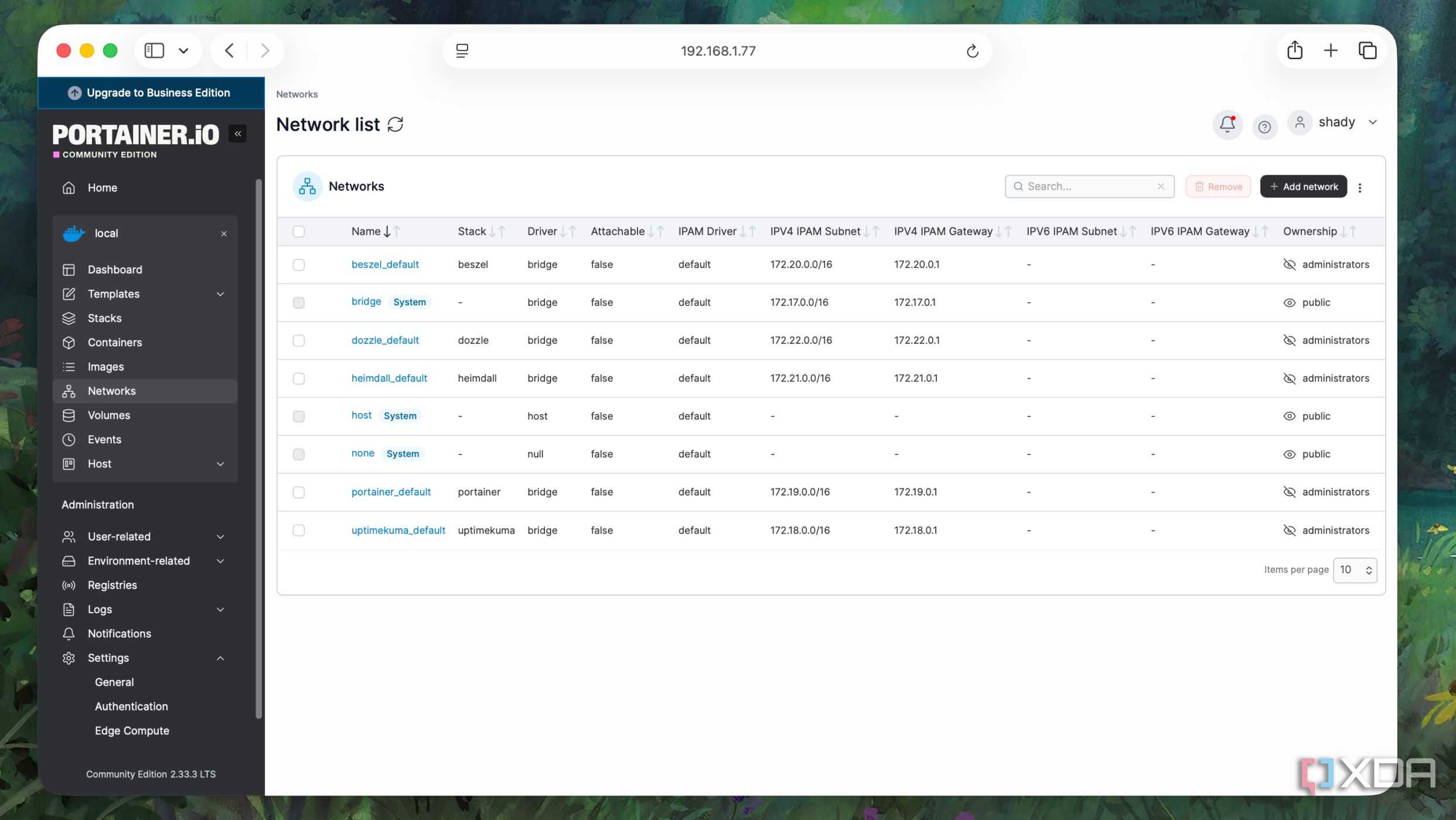 Networks list in Portainer