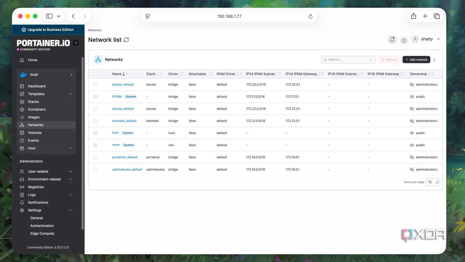 Networks list in Portainer