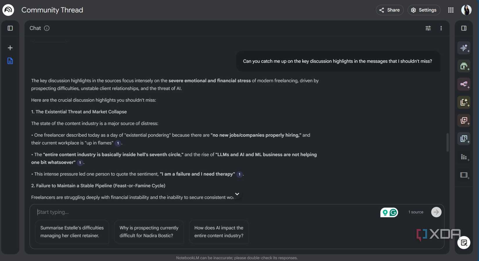 Screenshot of NotebookLM Slack message analysis