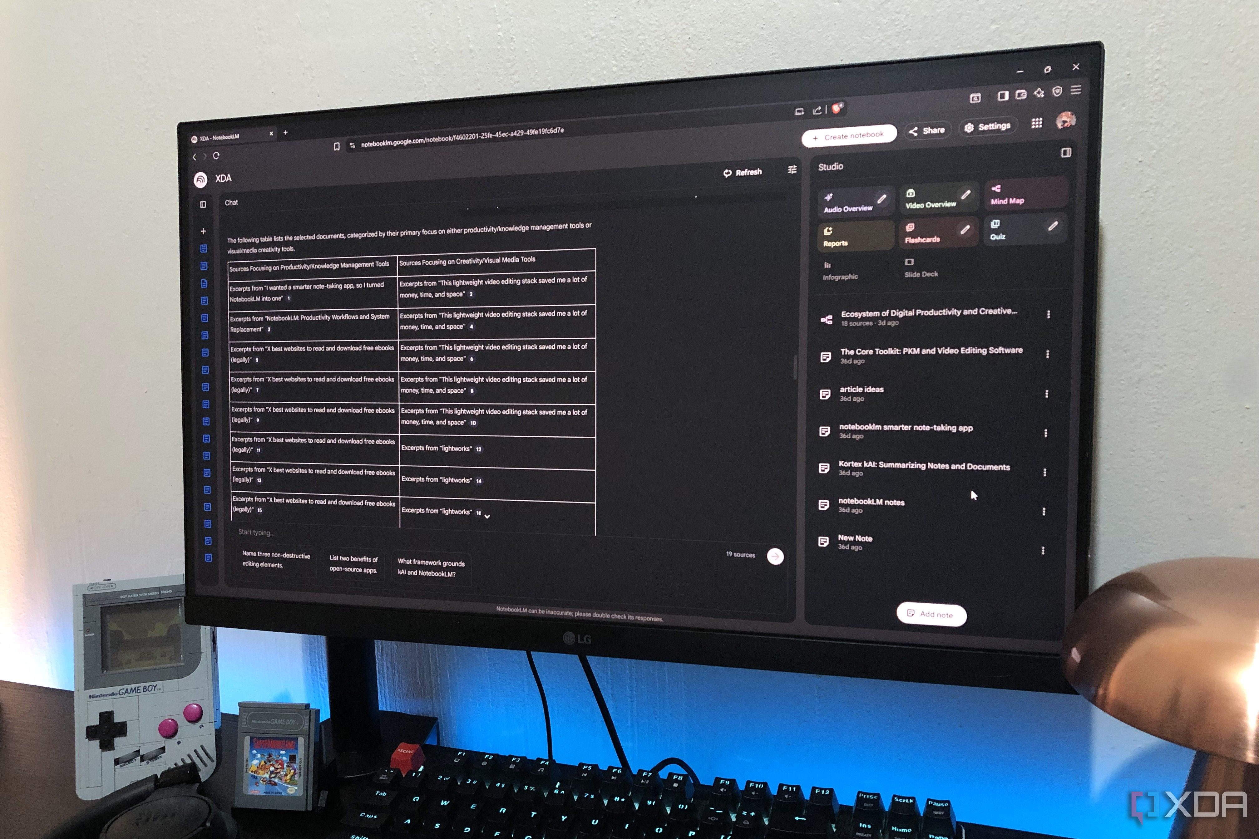 NotebookLM table response on pc, lego and lamp in view