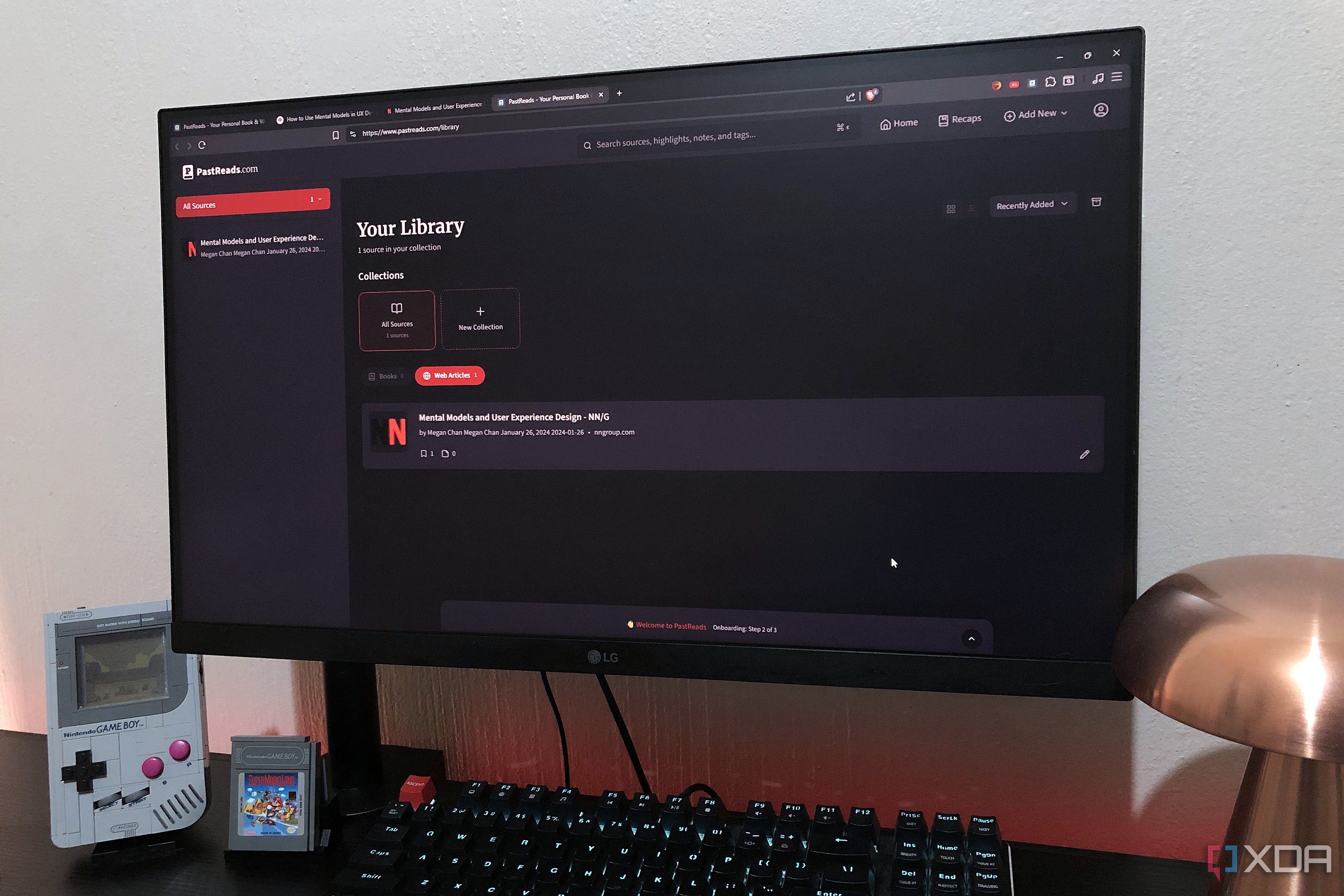 PastReads dashboard on pc, lego and lamp in view