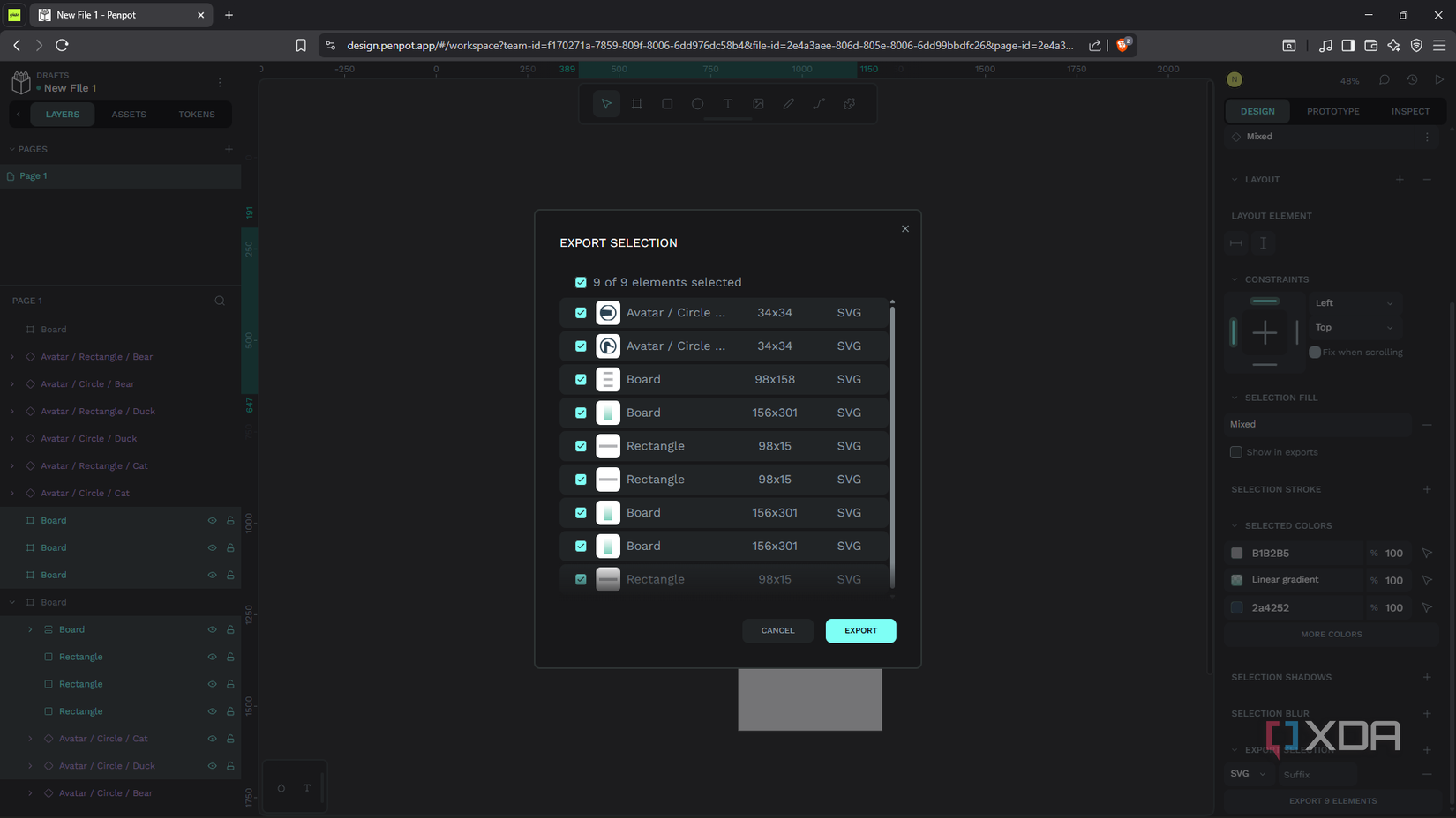 Selección de exportación de Penpot
