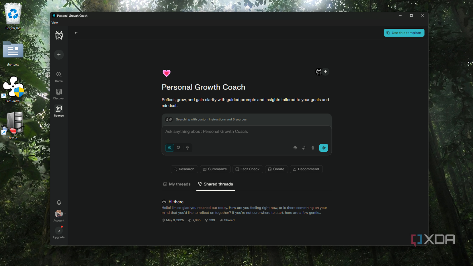 Personal Growth Coach template in Perplexity