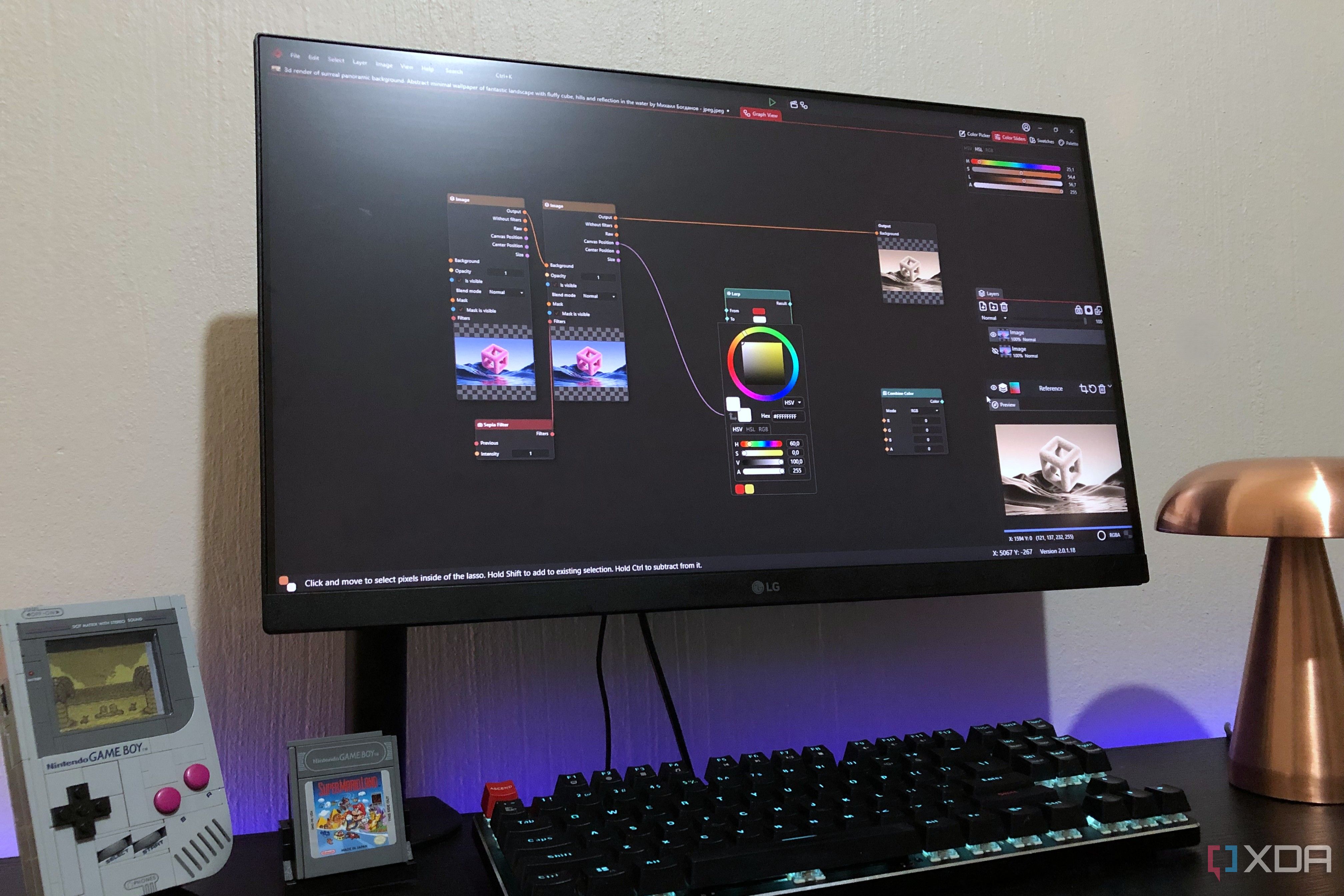 PixiEditor node graph on desktop pc, lego and lamp in view