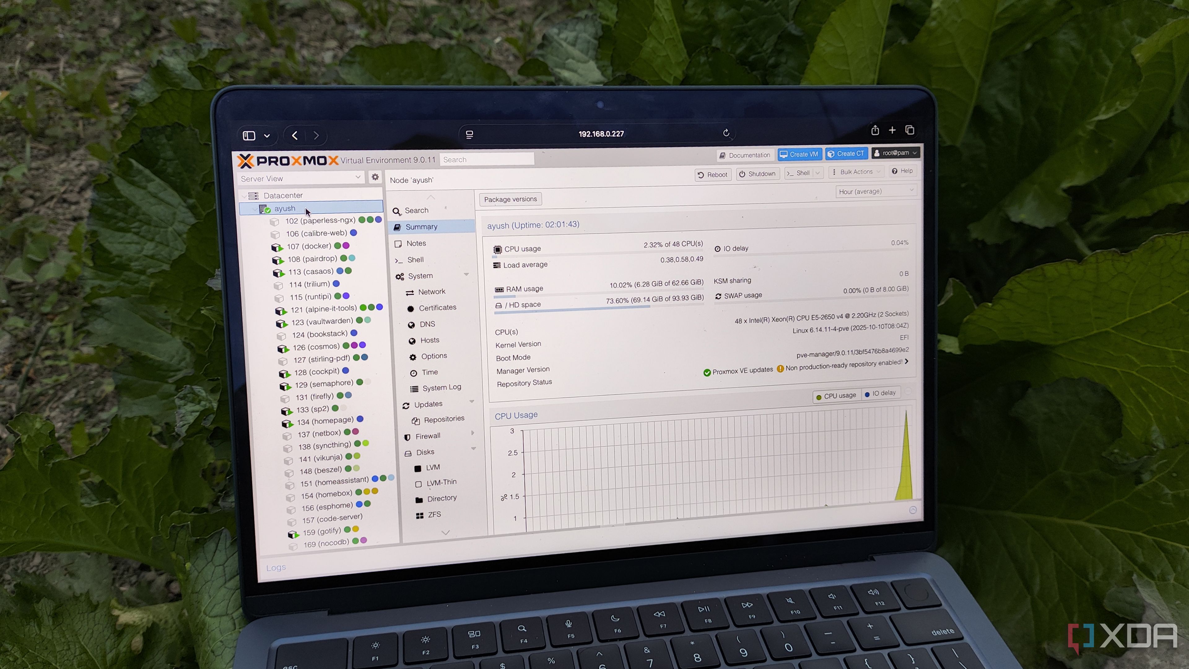 Основная панель управления Proxmox