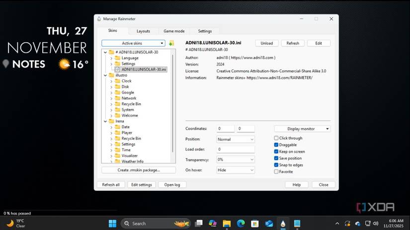 screenshot of rainmeter skin settings