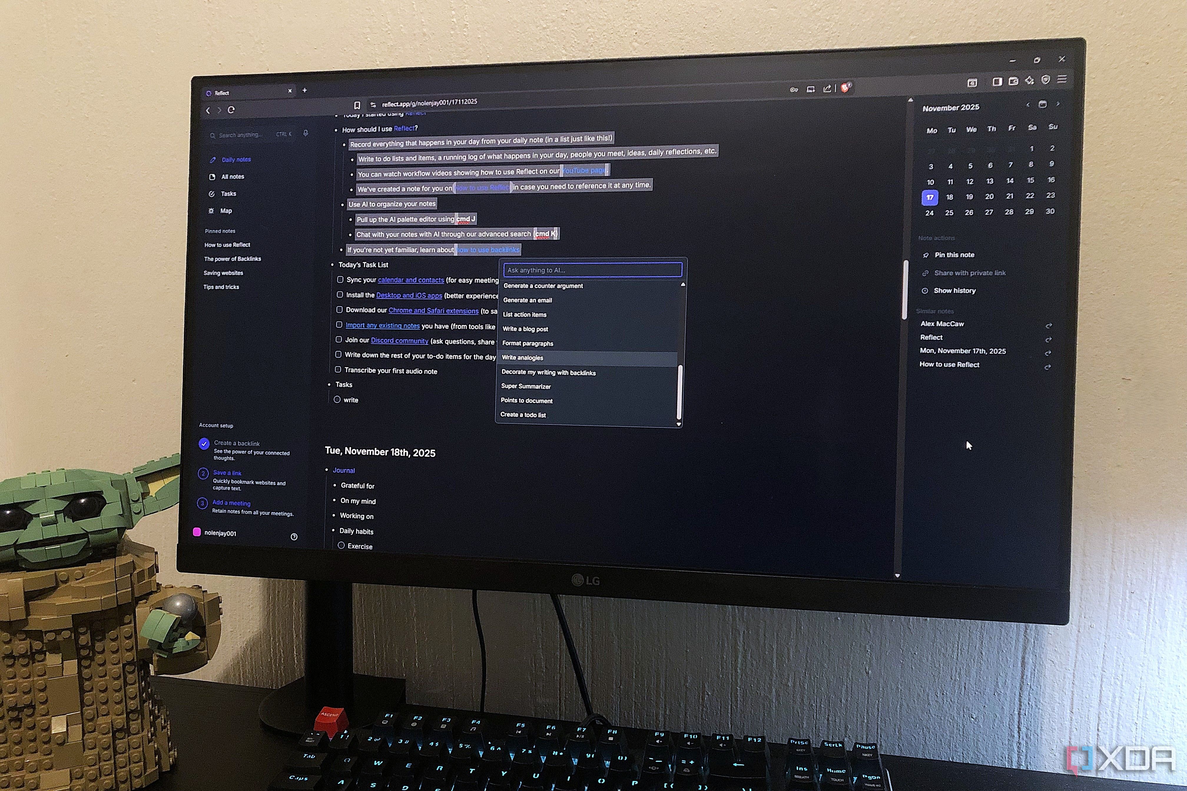 Reflect AI on desktop pc, lego in view