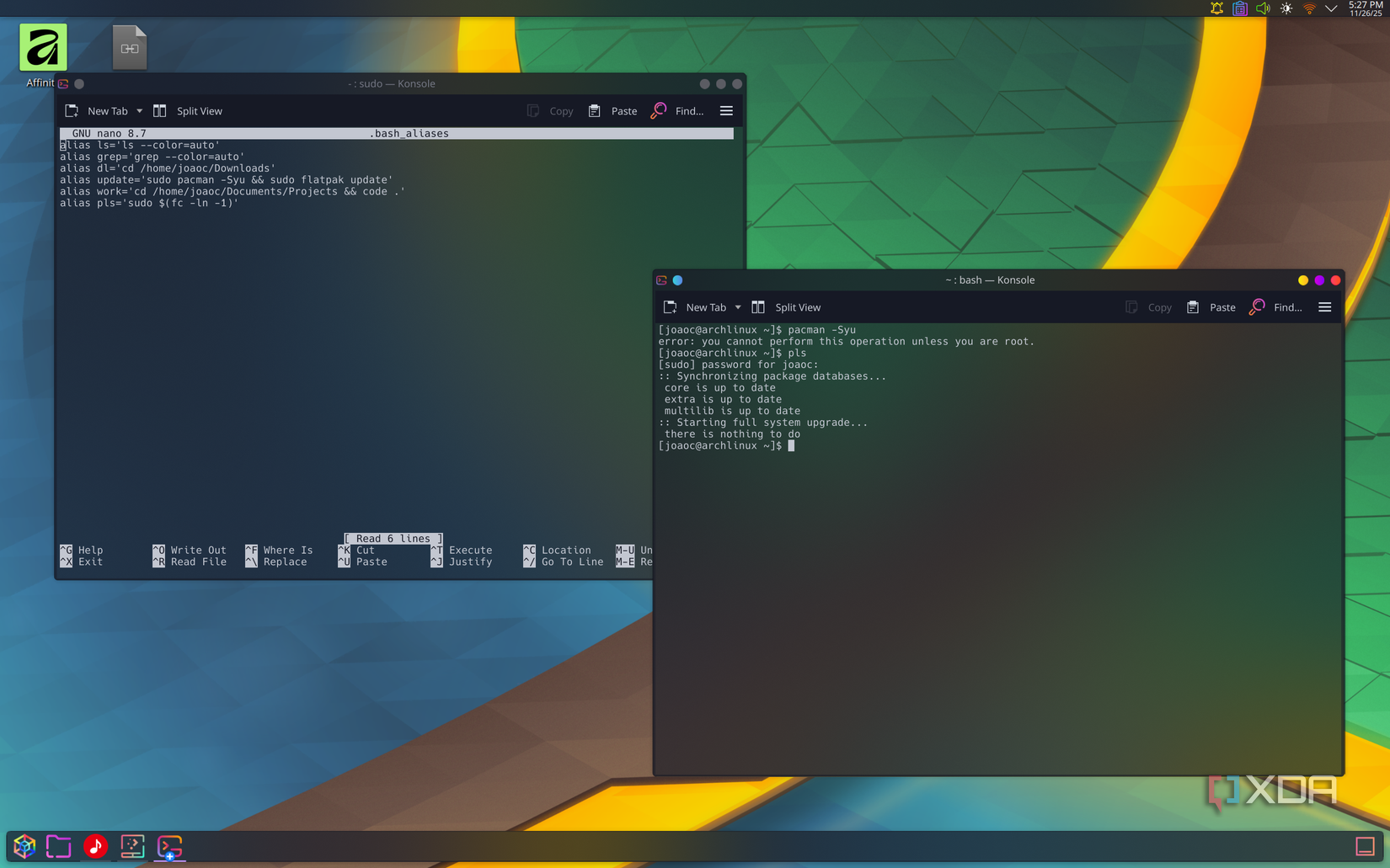 Captura de pantalla de una terminal Linux usando un alias para ejecutar un comando previamente ejecutado con sudo