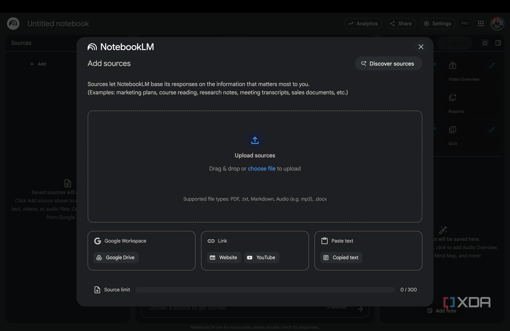 NotebookLM Add Sources Page with .docx Support