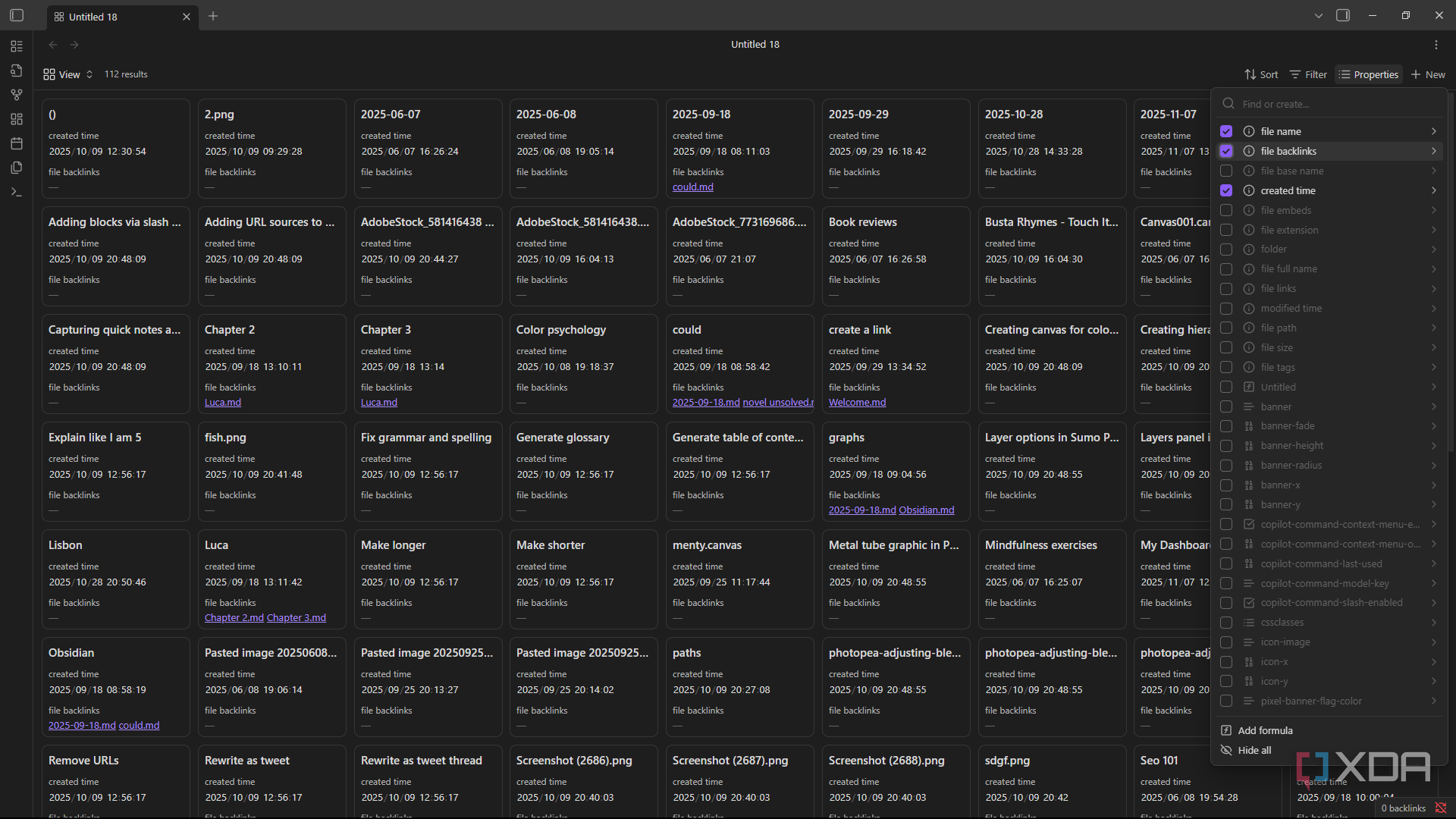 Selecting properties in Obsidian Bases