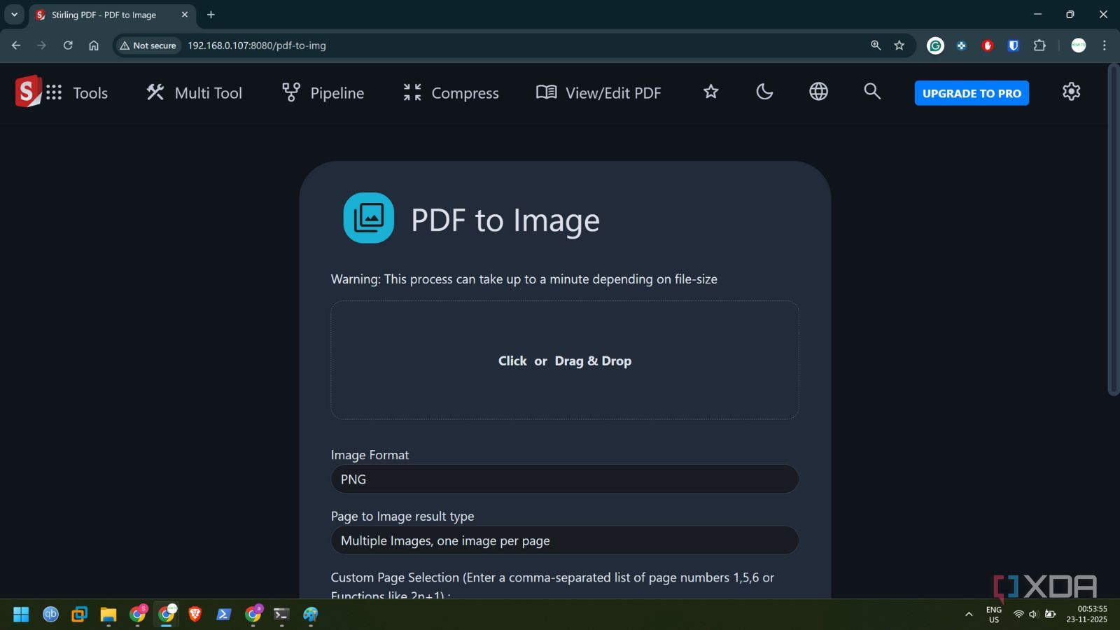 screeenshot of stirlingpdf pdf to image tool settings