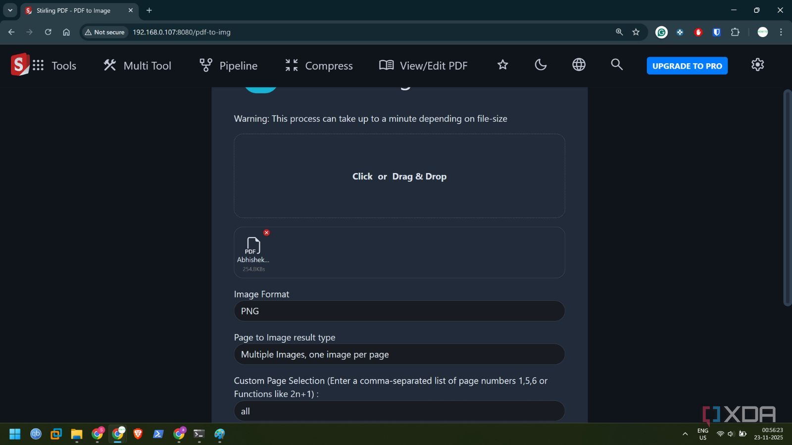 screeenshot of stirlingpdf pdf to image tool