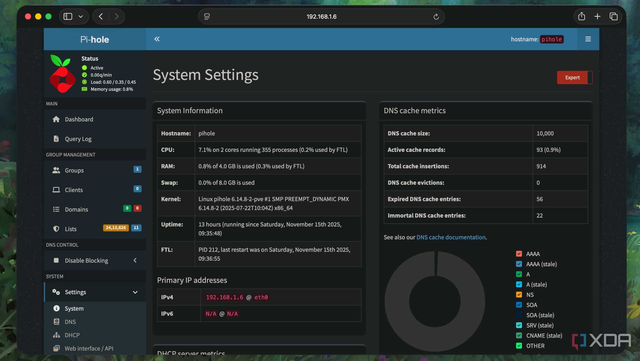 System settings view of Pi-hole