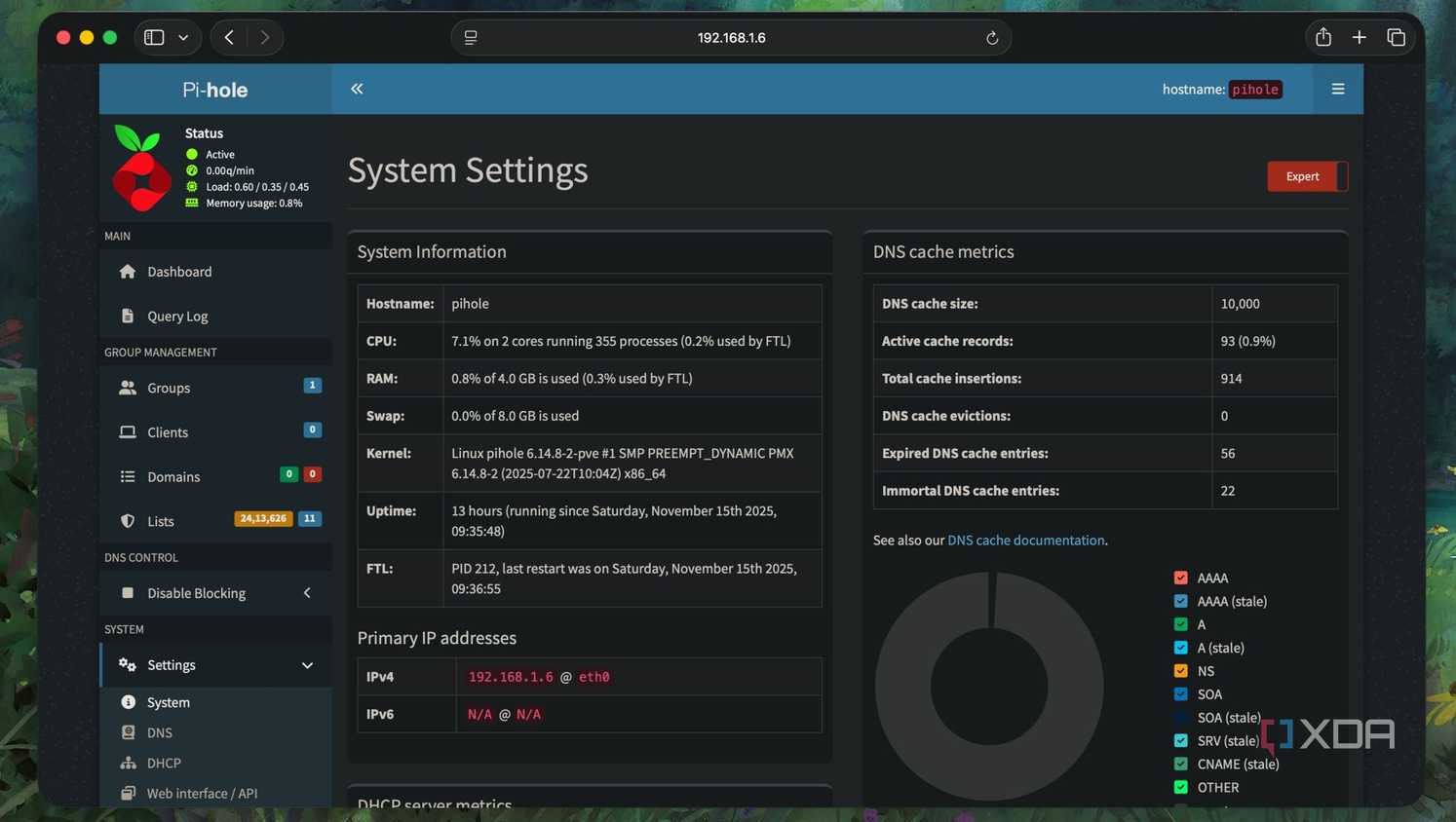 System settings view of Pi-hole