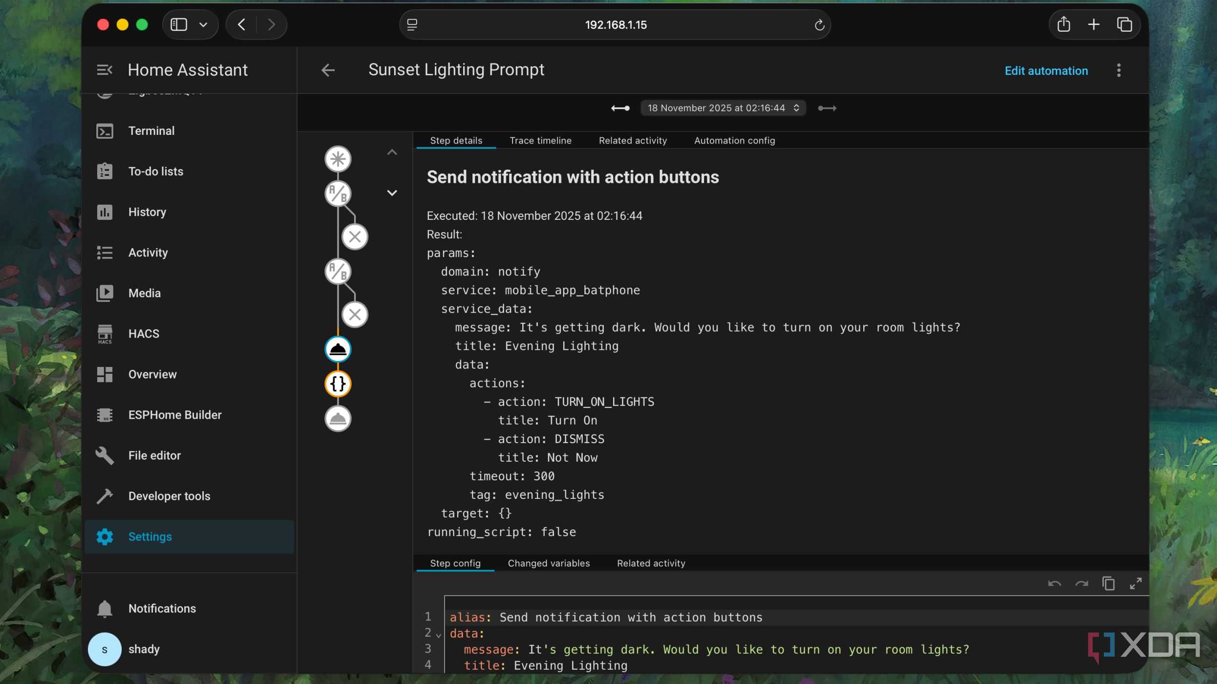 Testing Traces of the smart lights automation in Home Assistant