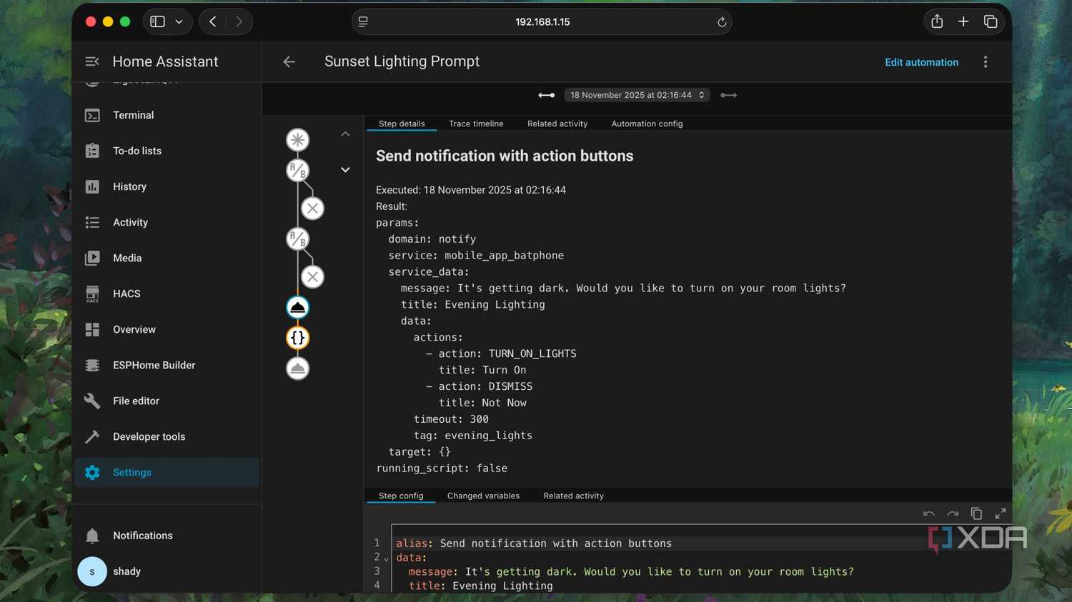 Testing Traces of the smart lights automation in Home Assistant