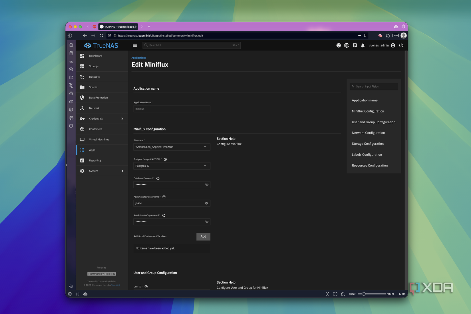 Captura de pantalla de la configuración de aopp para Miniflux en TrueNAS Scale